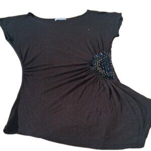 Bleeker & McDougal Women L Black Hi-Lo Knit Ruched Beaded Sleeveless Top Blouse